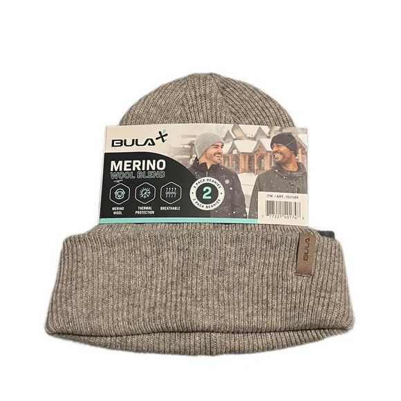 2 Pack BULA MERINO Beanies With Tags•One Size•Black and Grey - Picture 2 of 5
